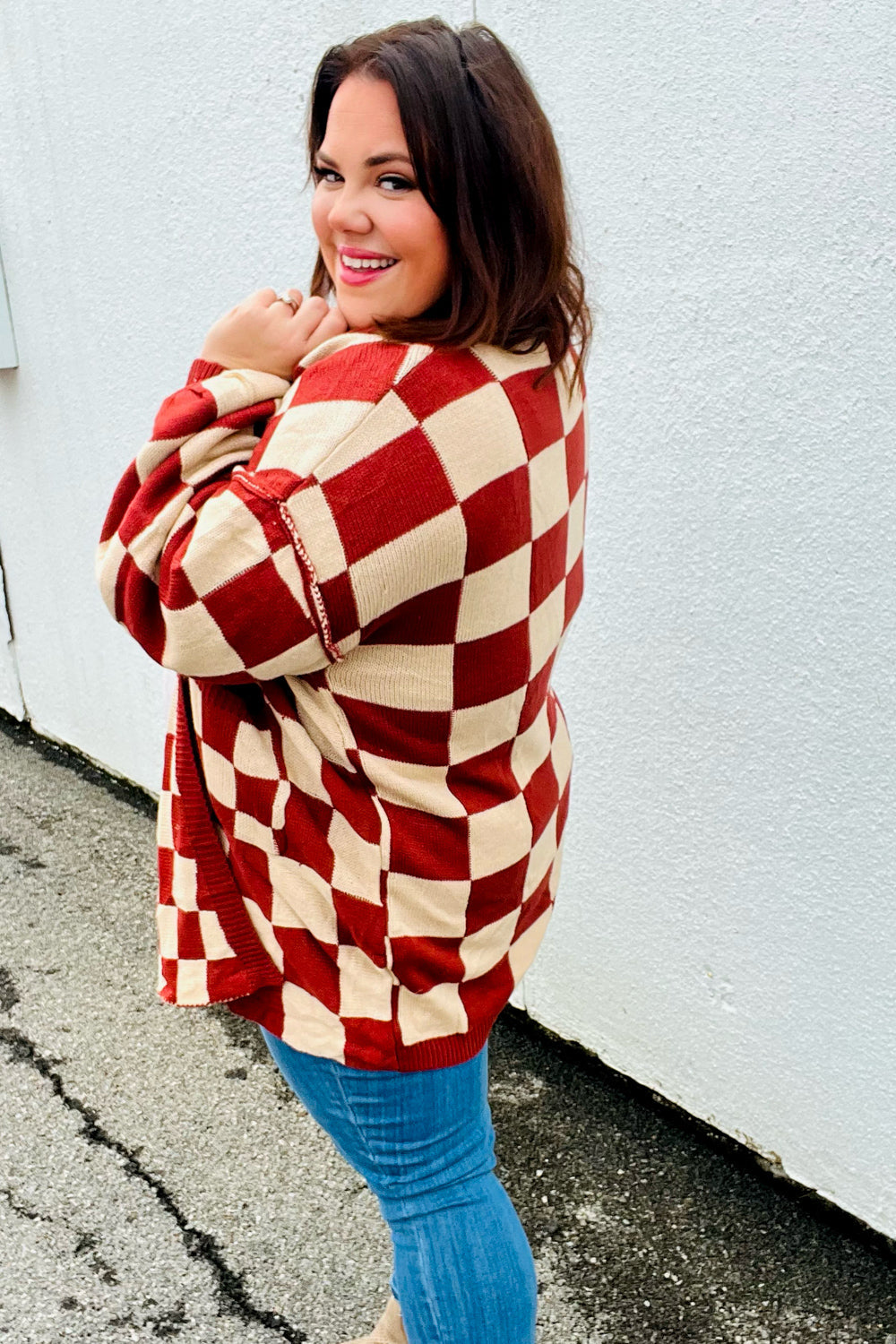 Can't Help But Love Rust Checkered Open Cardigan