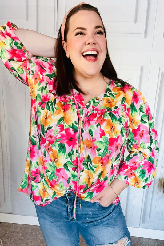 Pretty In Pink Watercolor Floral Yoke Tie Top