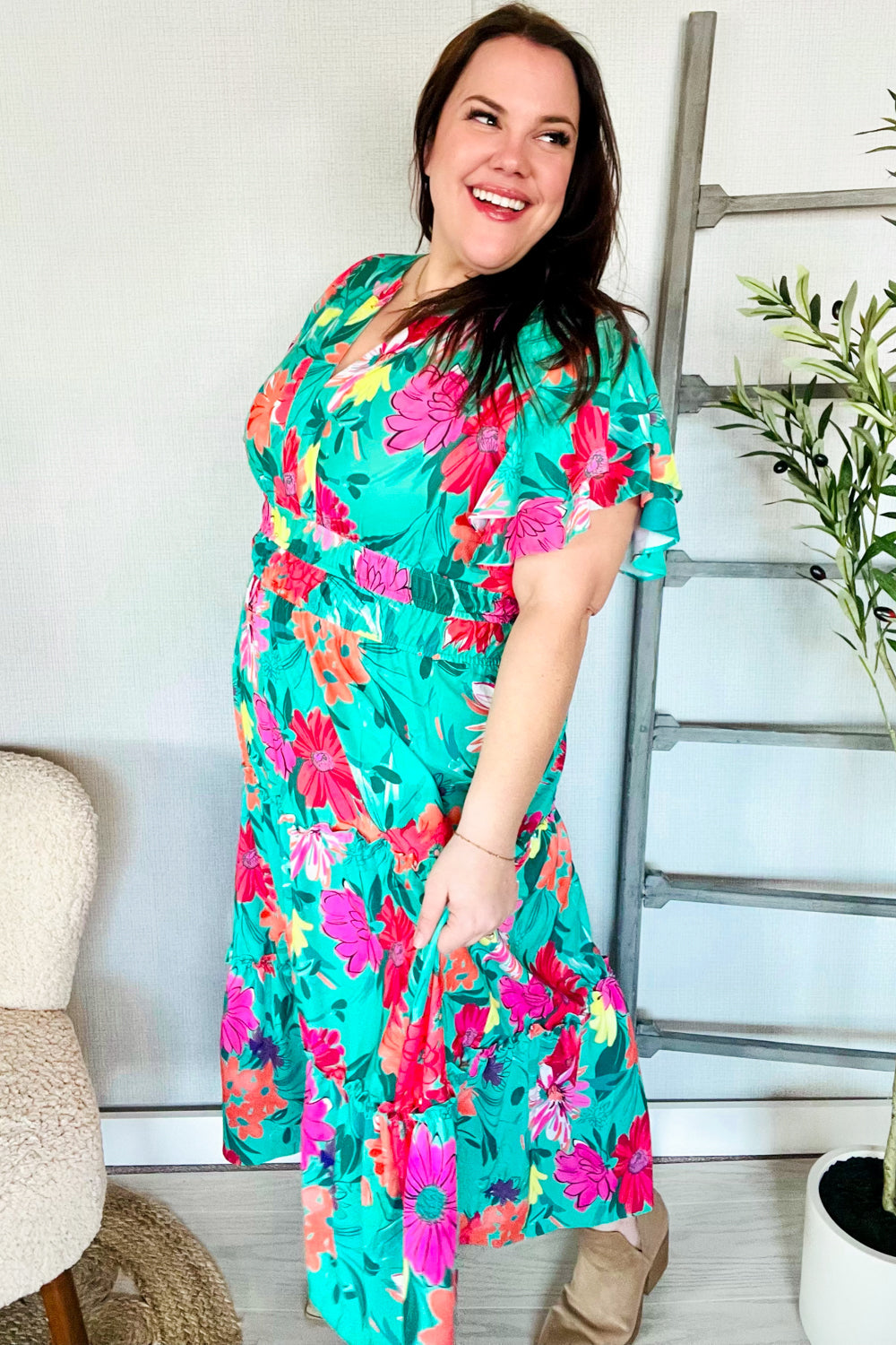 Hello Beautiful Multicolor Tropical Floral Smock Waist Maxi Dress