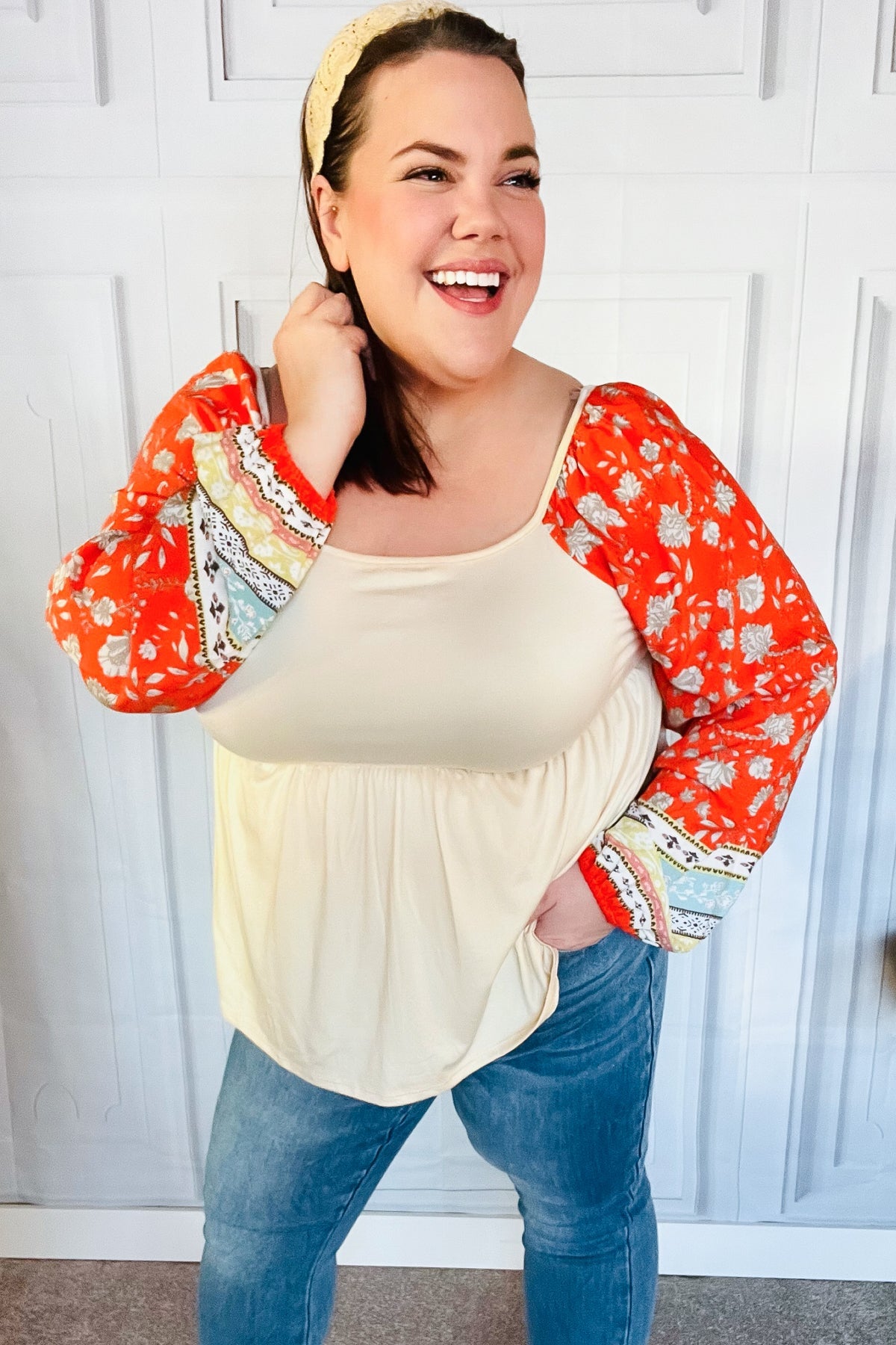 Hello Beautiful Oatmeal & Orange Square Neck Paisley Floral Blouse