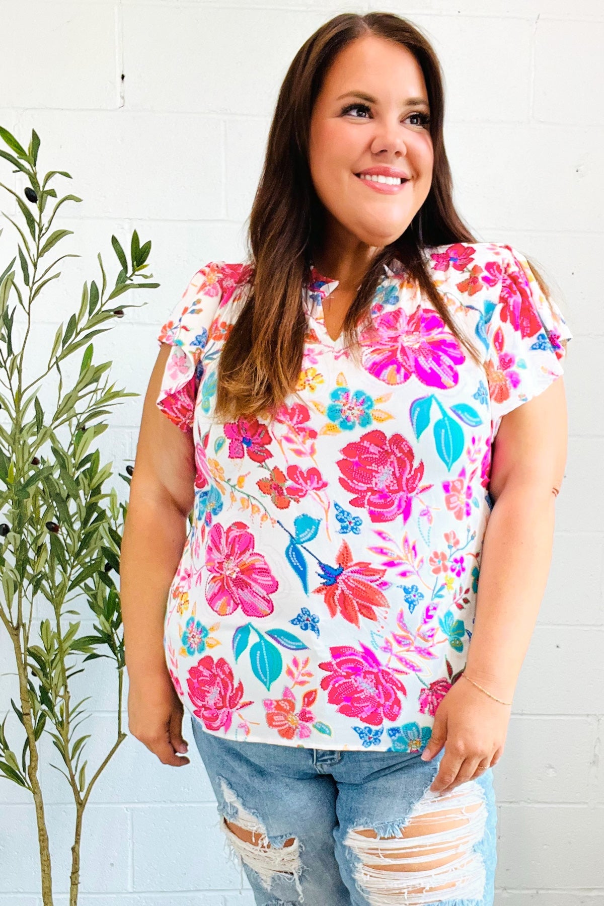 Hello Beautiful Ivory Floral Sequin Print Frill Notch Neck Top