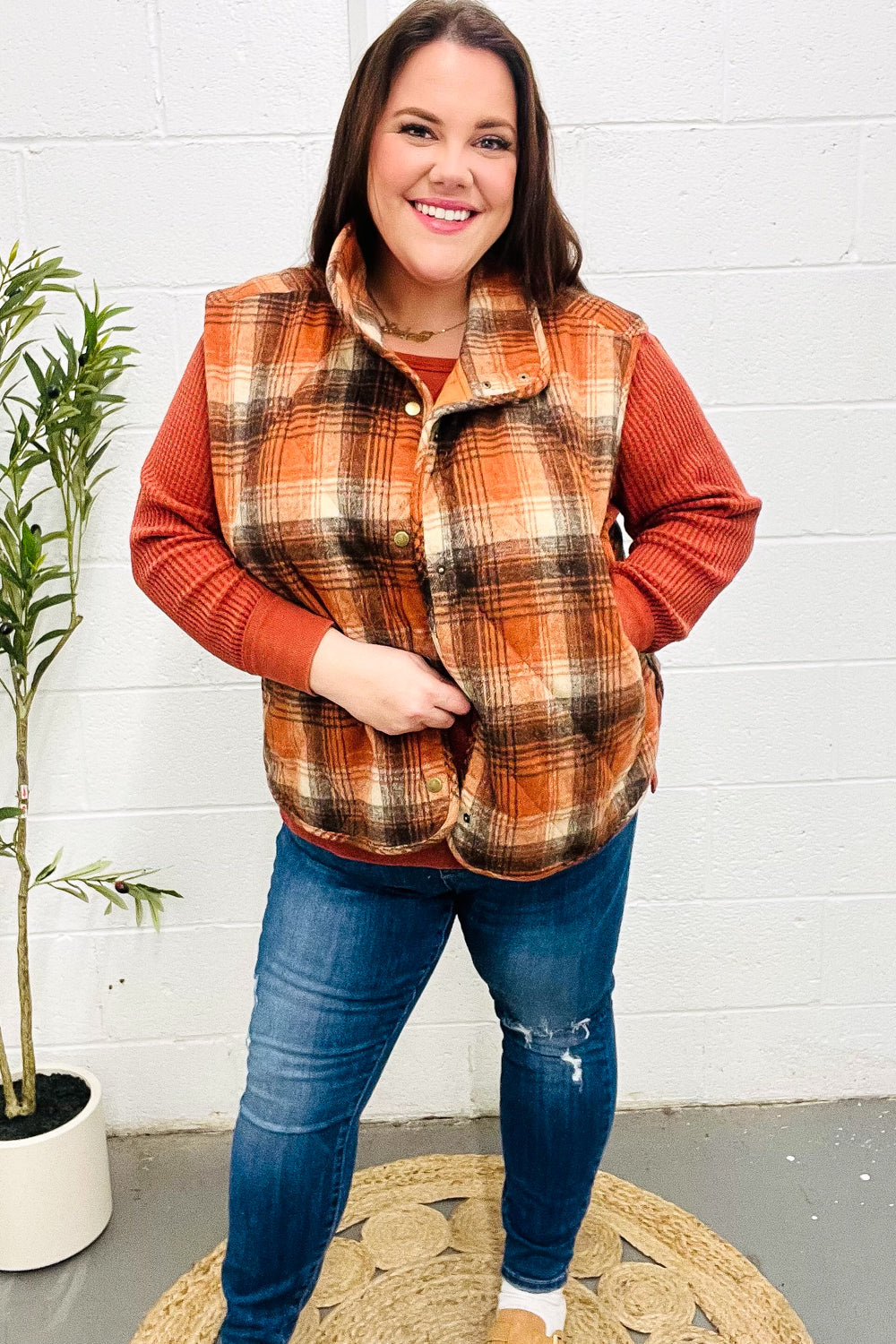 Put Together Rust Taupe Plaid Snap Button Quilted Puffer Vest