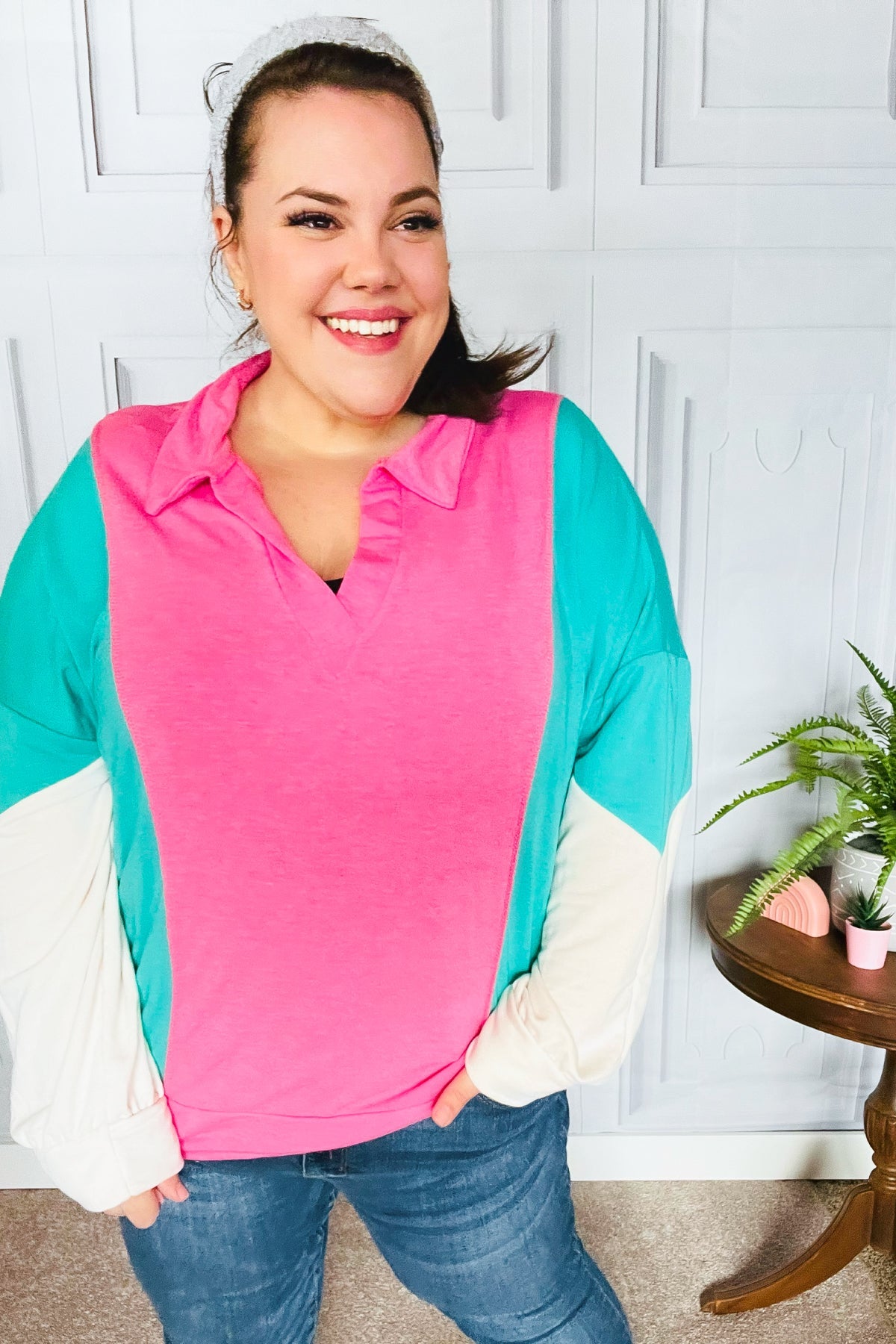 Stand Out Hot Pink & Mint V Neck Collared Terry Color Block Top