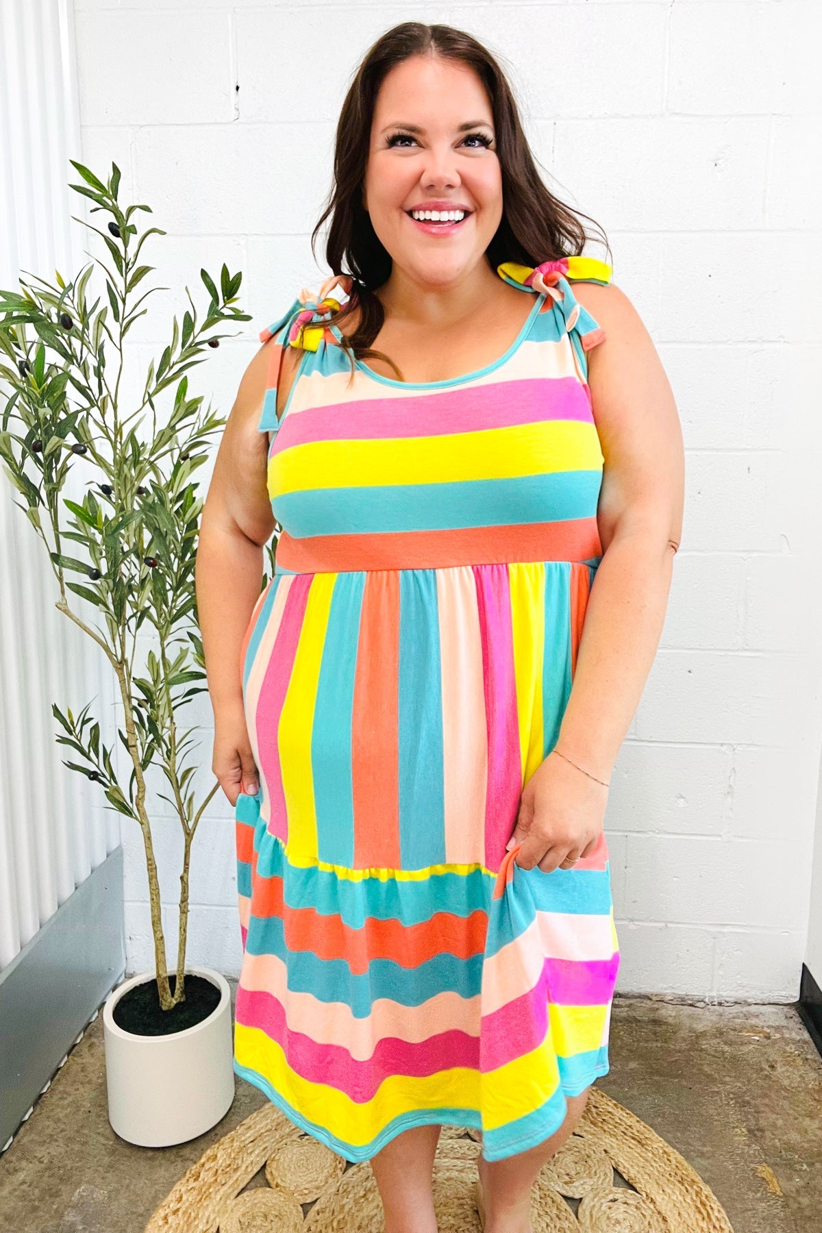 Start The Day Rainbow Stripe Shoulder Tie Tiered Dress