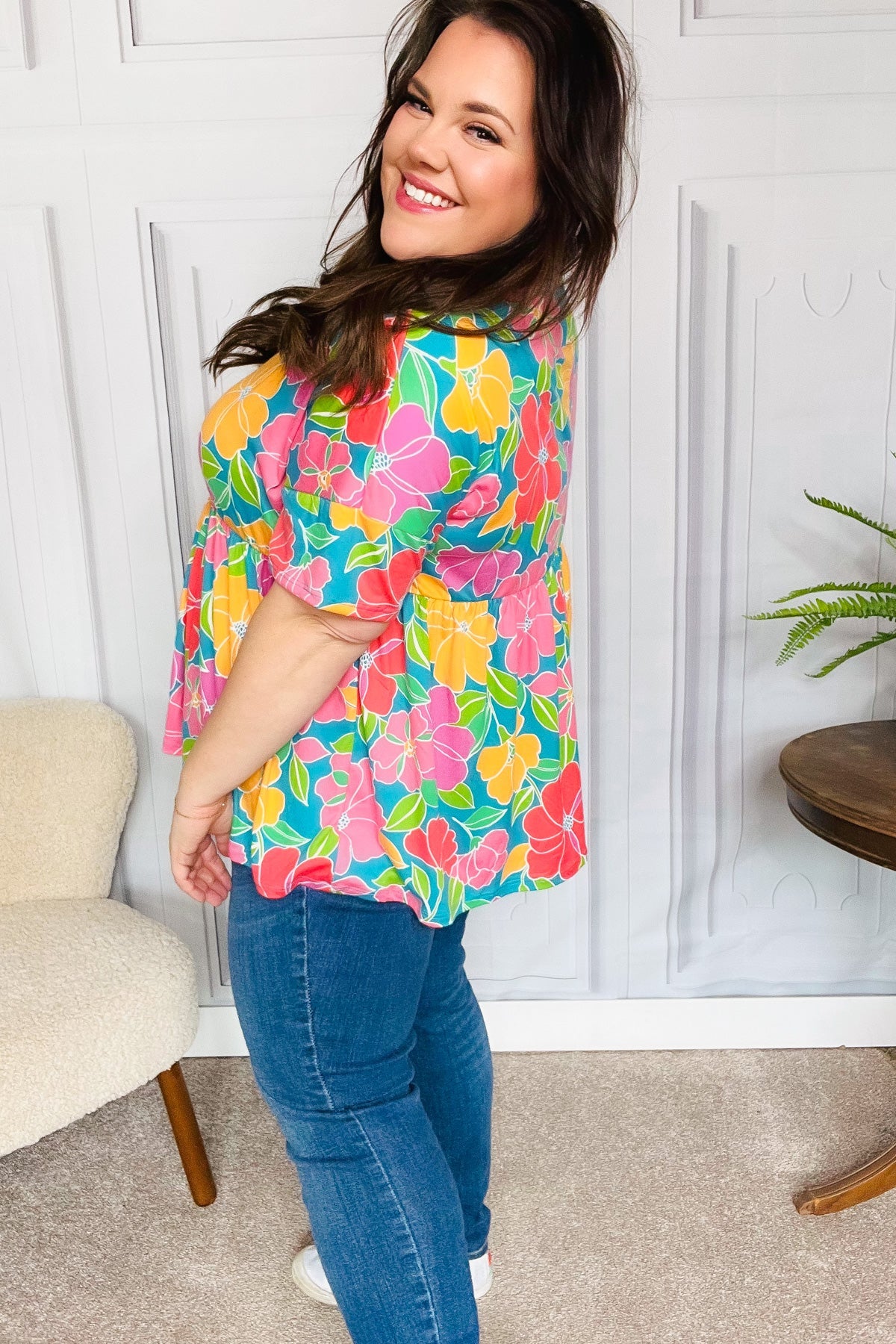 Time For Sun Blue Floral Drop Shoulder Babydoll Top