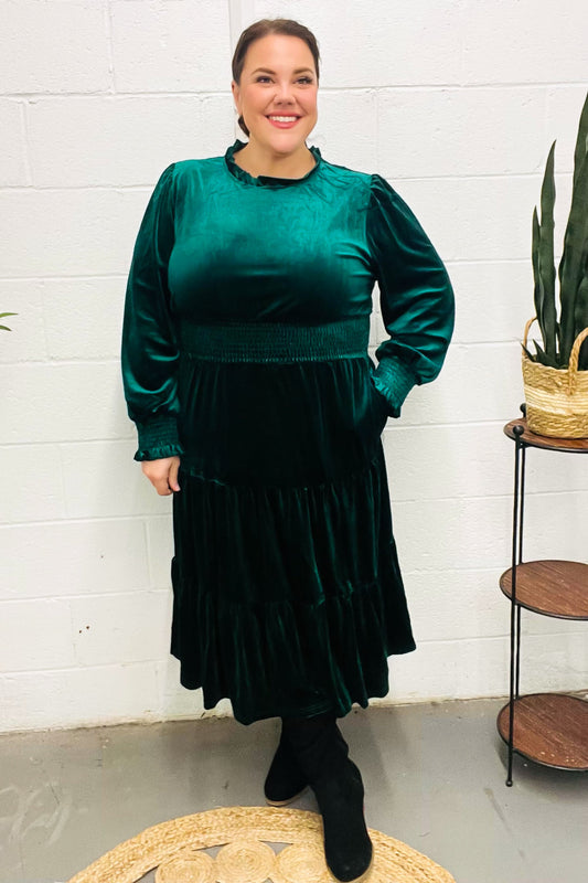 Holiday Dreaming Hunter Green Velvet Mock Neck Smocked Waist Dress