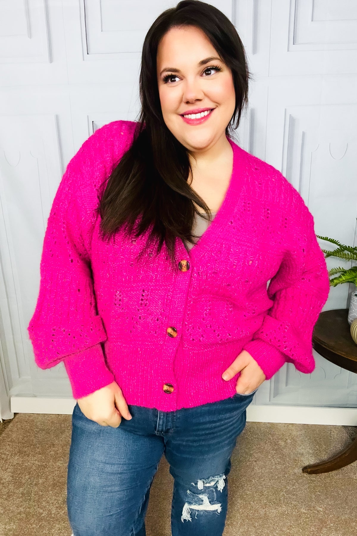 Pretty In Pink Button Down Pointelle Knit Cardigan