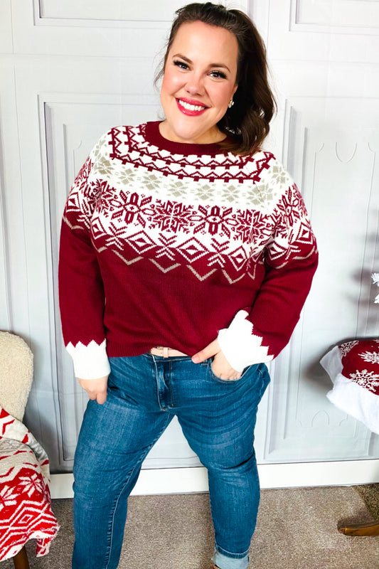 Merry Christmas Merlot Snowflake Oversized Sweater Top