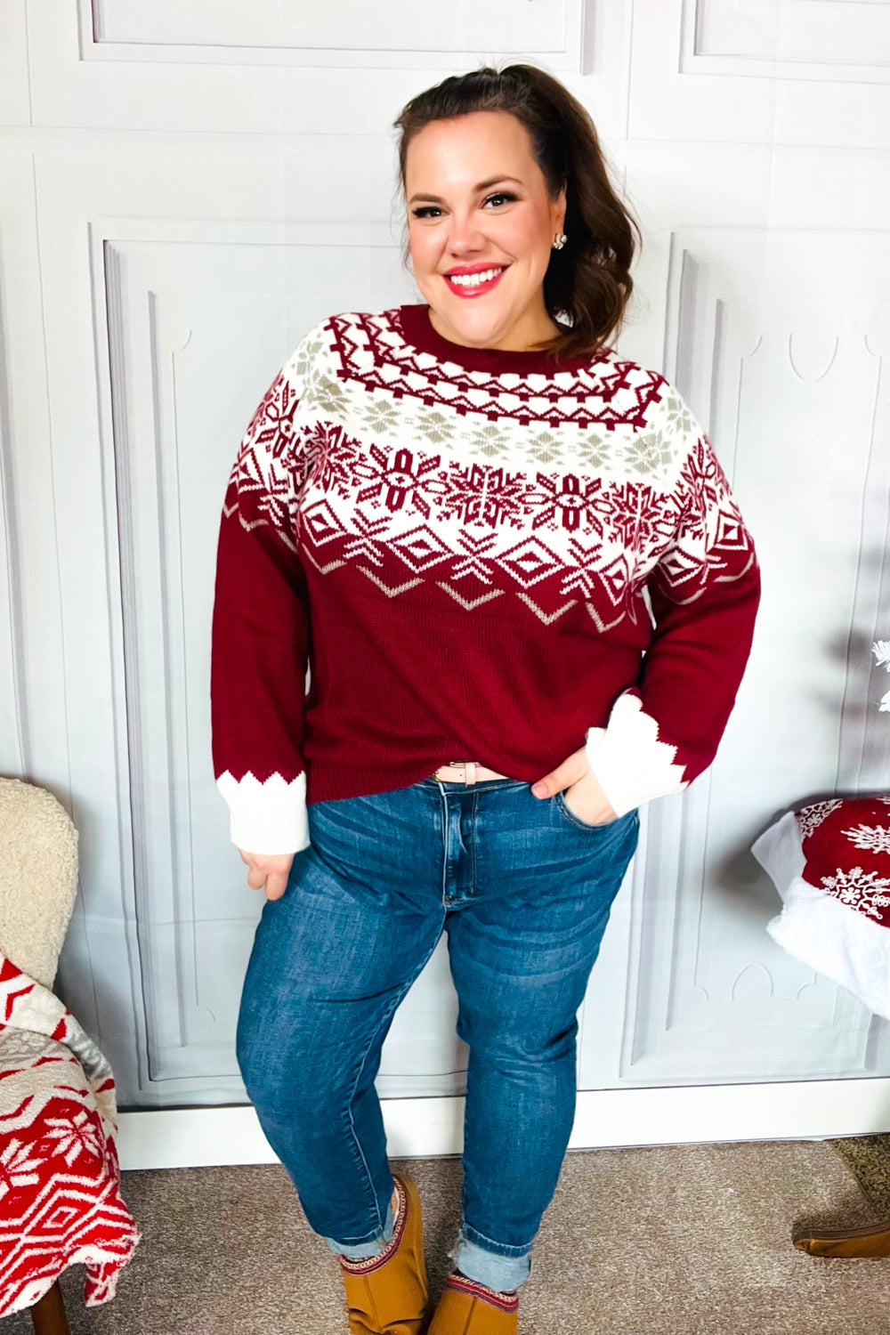 Merry Christmas Merlot Snowflake Oversized Sweater Top