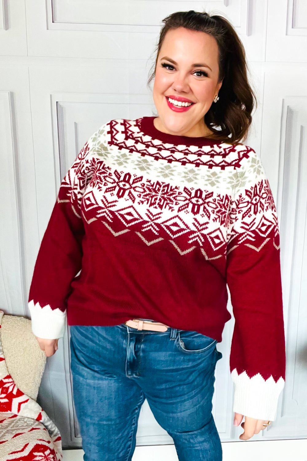 Merry Christmas Merlot Snowflake Oversized Sweater Top