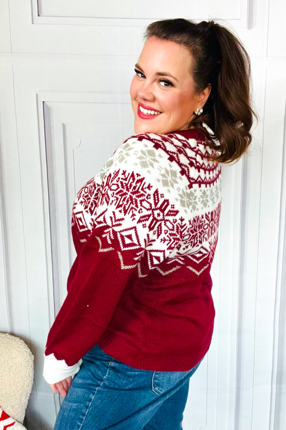 Merry Christmas Merlot Snowflake Oversized Sweater Top