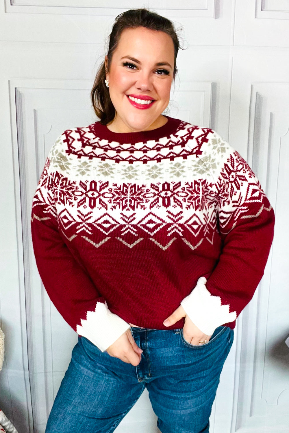 Merry Christmas Merlot Snowflake Oversized Sweater Top