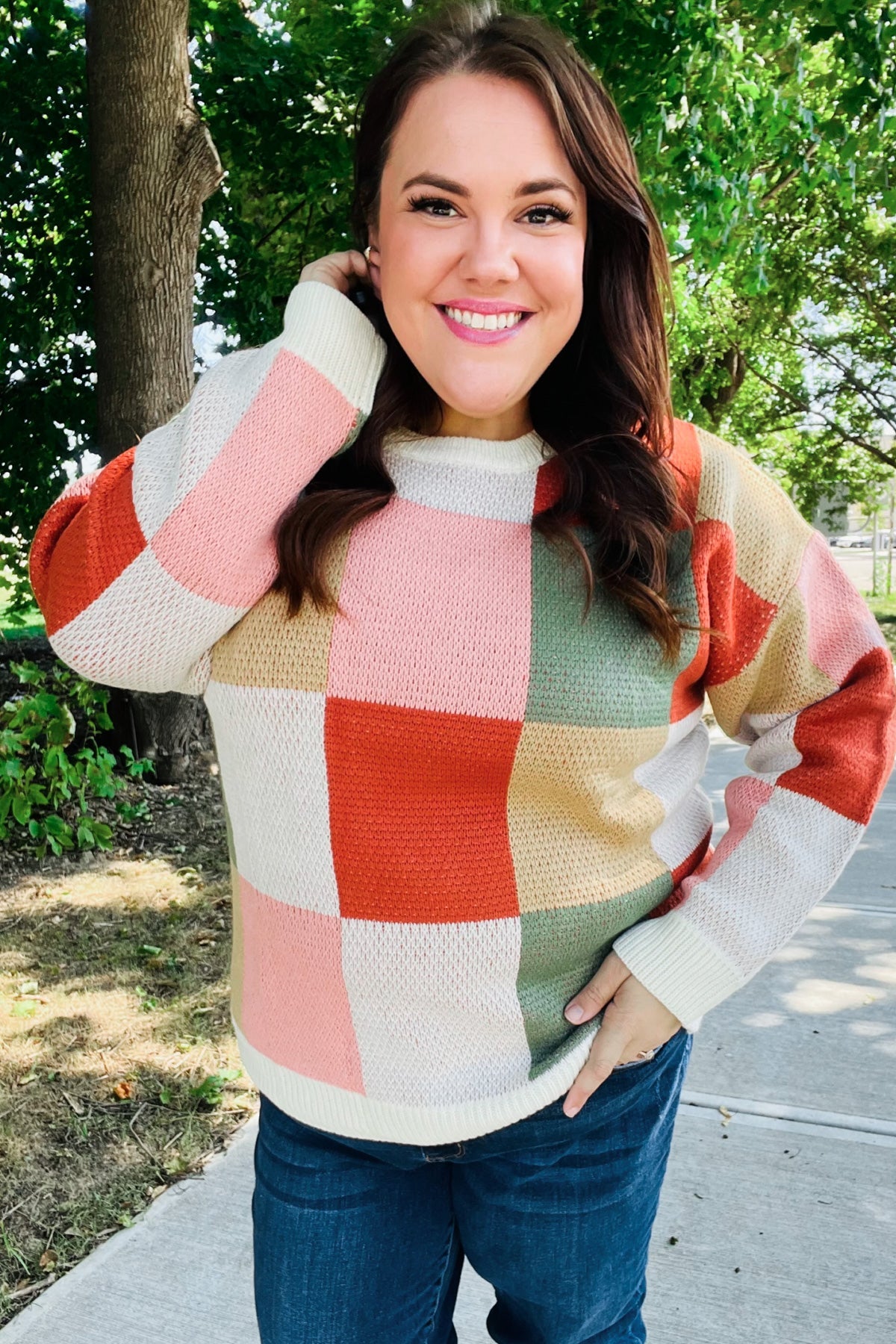 Be Bold Ivory & Rust Checker Jacquard Knit Sweater