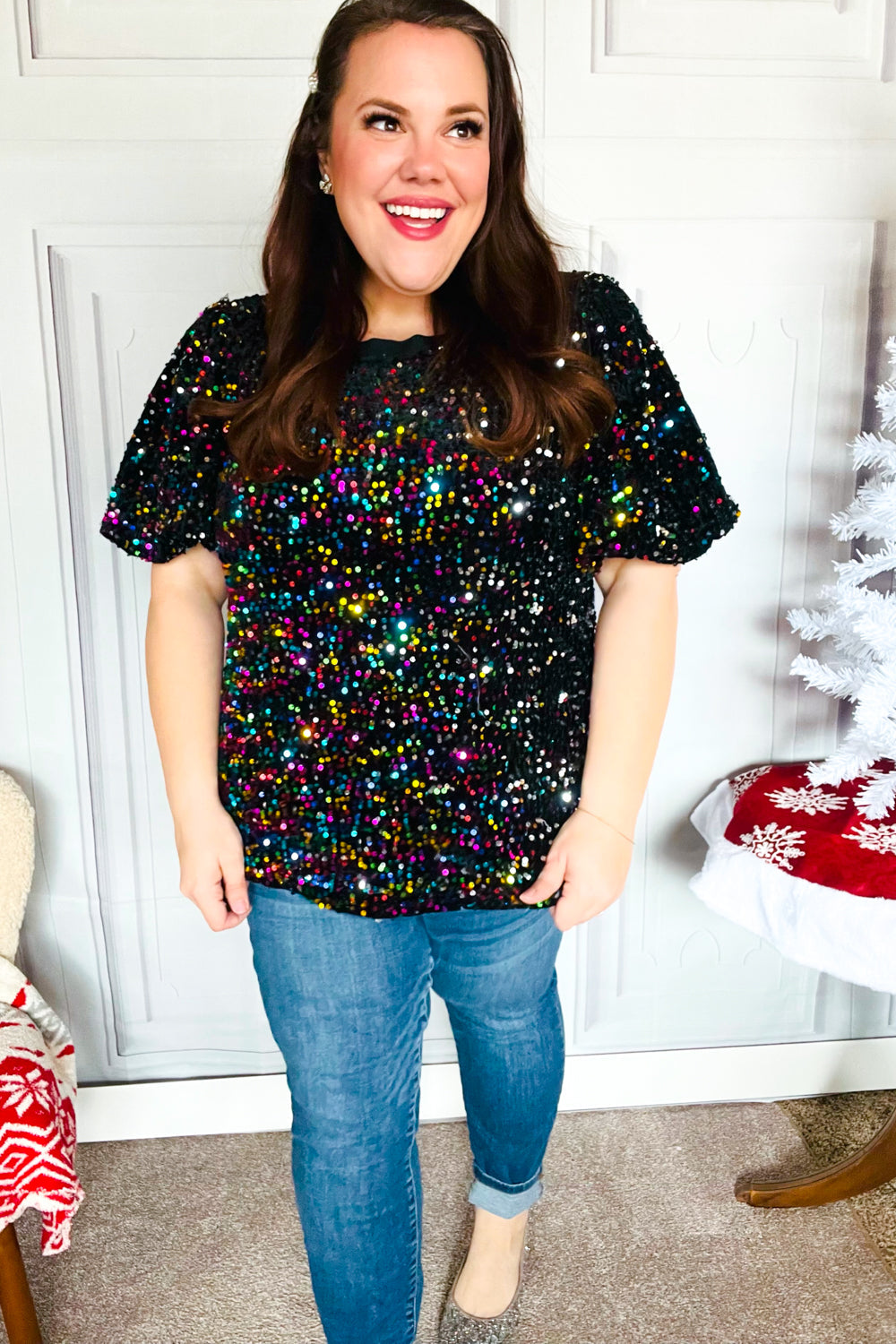 Holiday Ready Black Velvet Multicolor Sequin Puff Sleeve Top