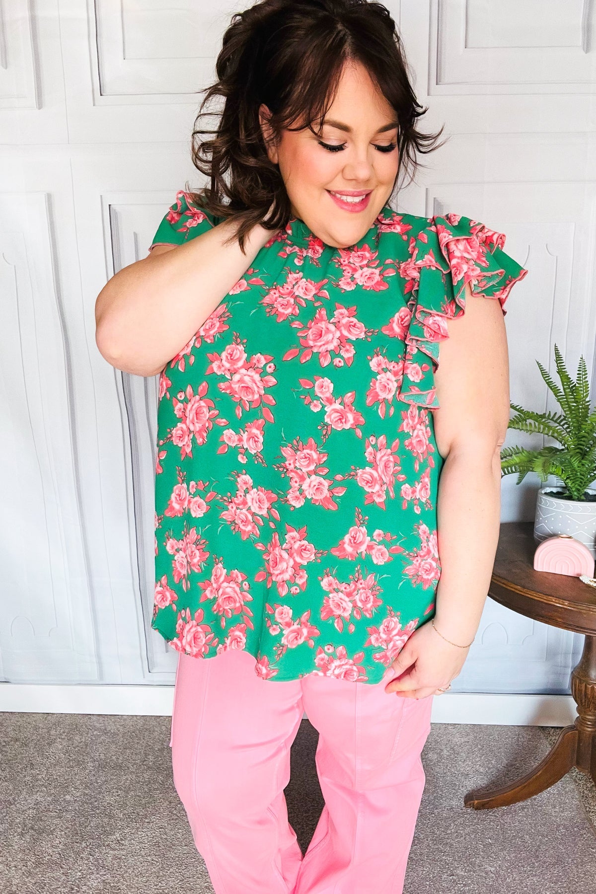Look Of Love Green Floral Print Mock Neck Flutter Sleeve Top