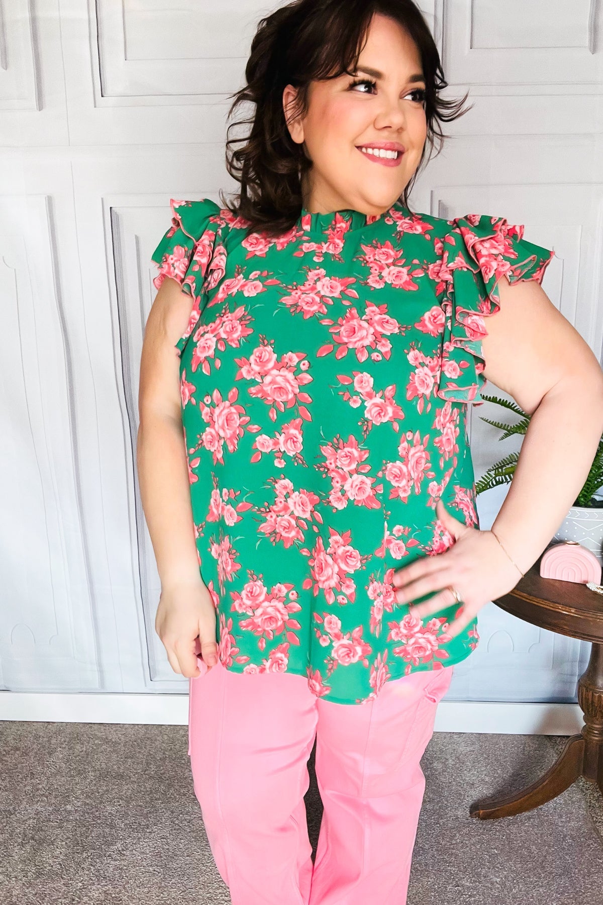 Look Of Love Green Floral Print Mock Neck Flutter Sleeve Top