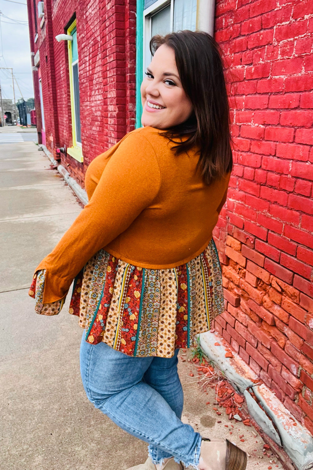 Autumn Days Rust Babydoll Paisley Bell Sleeve Top