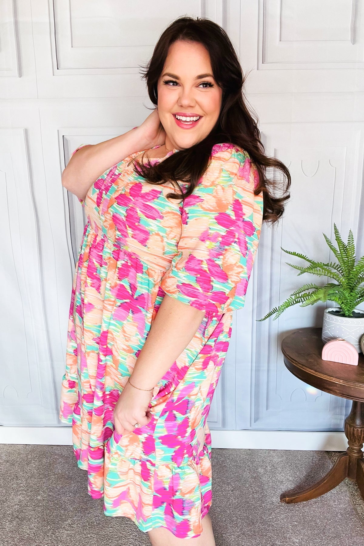 Lovely Lady Mint & Fuchsia Floral Notch Neck Woven Dress