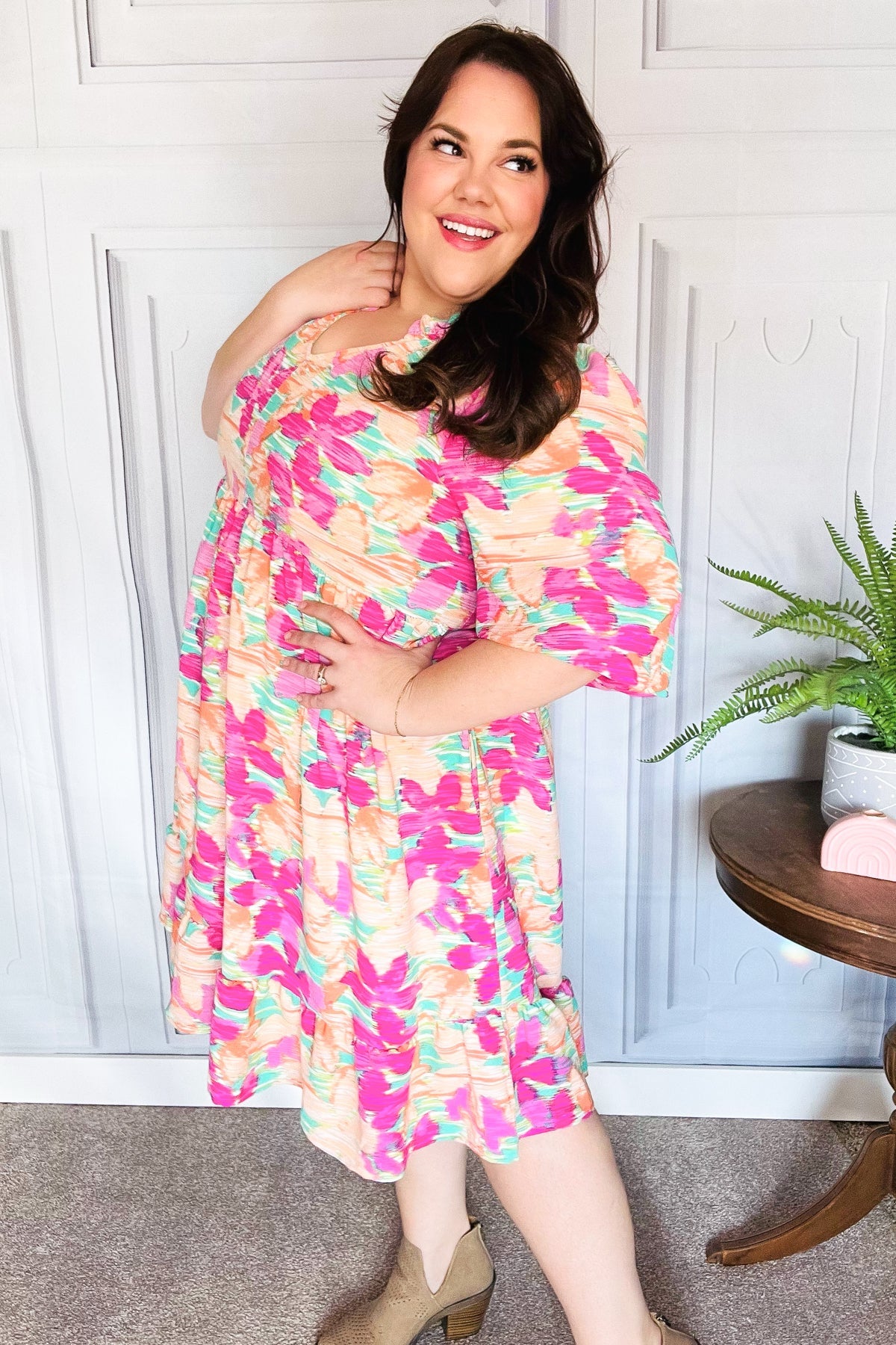 Lovely Lady Mint & Fuchsia Floral Notch Neck Woven Dress