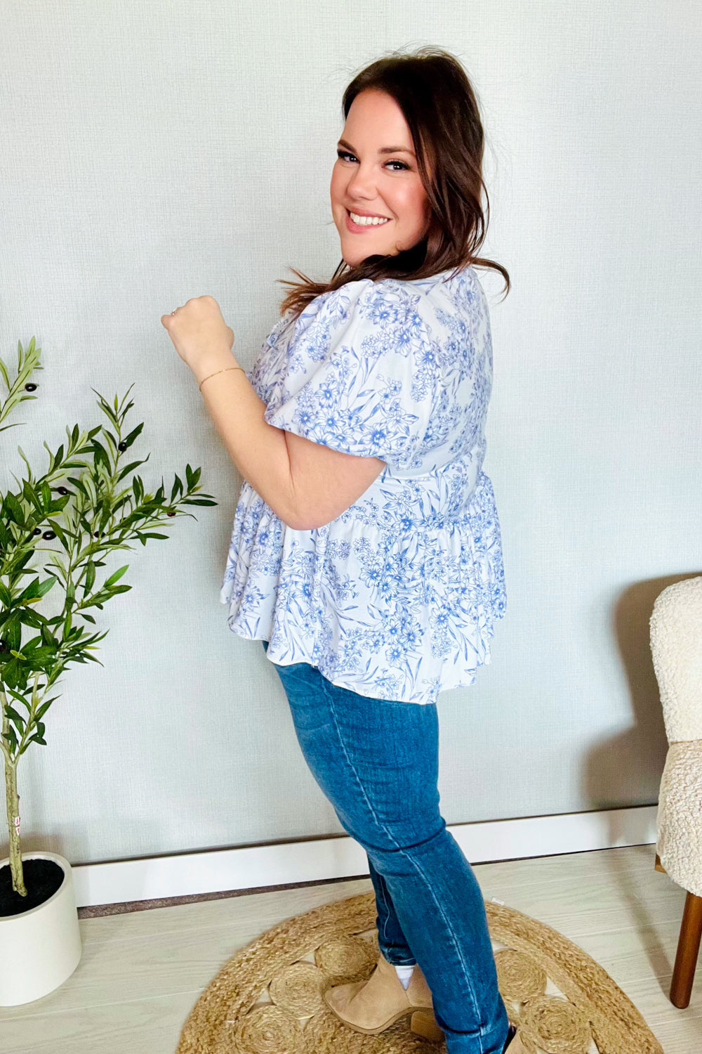 Follow Me Ivory Vintage Floral Bow Tie Folded Puff Sleeve Babydoll Top