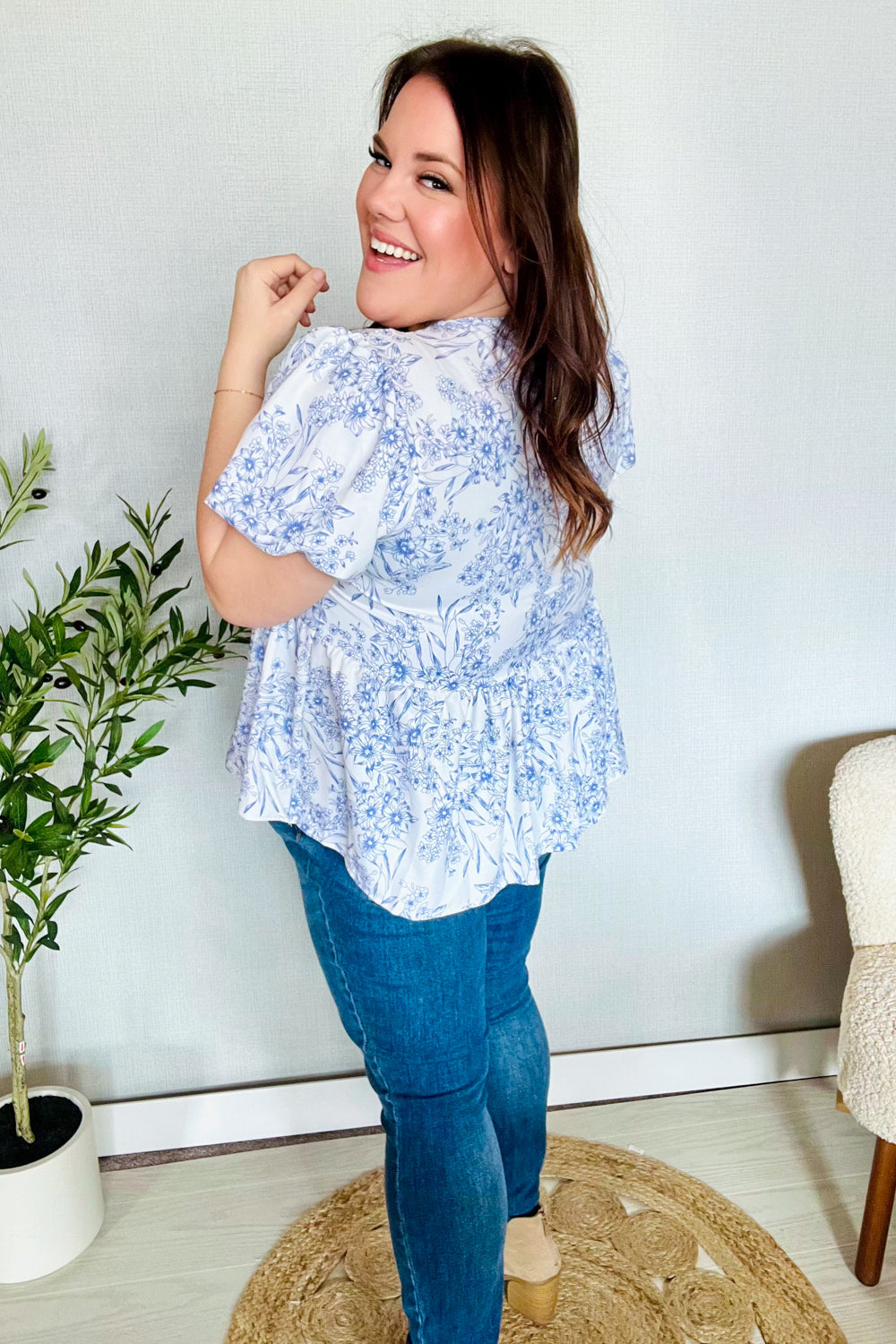 Follow Me Ivory Vintage Floral Bow Tie Folded Puff Sleeve Babydoll Top