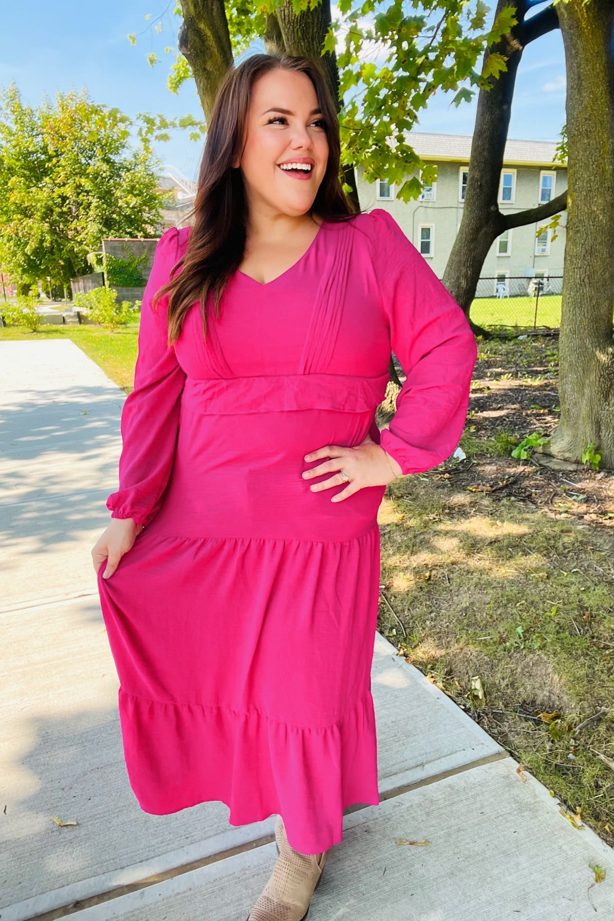 Beautiful You Berry Pintuck Detail Frill V Neck Maxi Dress