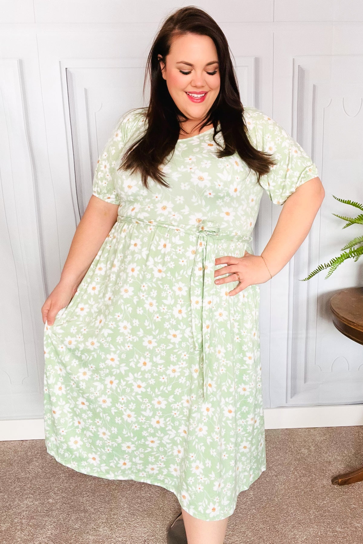 Sunny Days Sage Floral Print Fit & Flare Sash Belt V Neck Dress