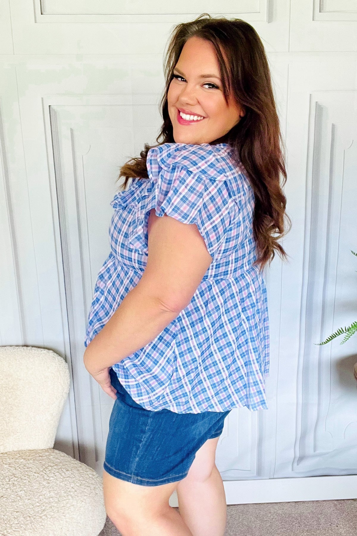 Hello Beautiful Blue Plaid V Neck Ruffle Elastic Babydoll Top