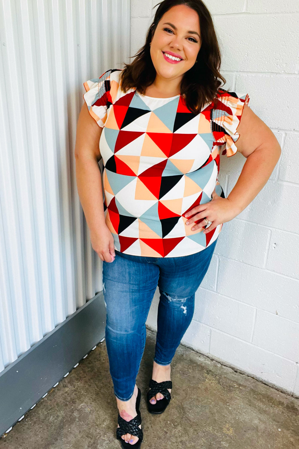 Ivory & Burnt Orange Geo Print Smocked Ruffle Frill Sleeve Top