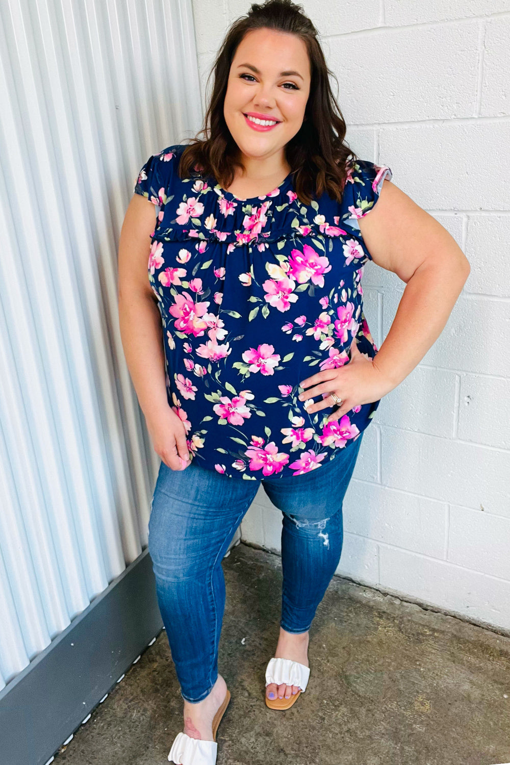 Navy & Pink Floral Print Frilled Short Sleeve Yoke Top