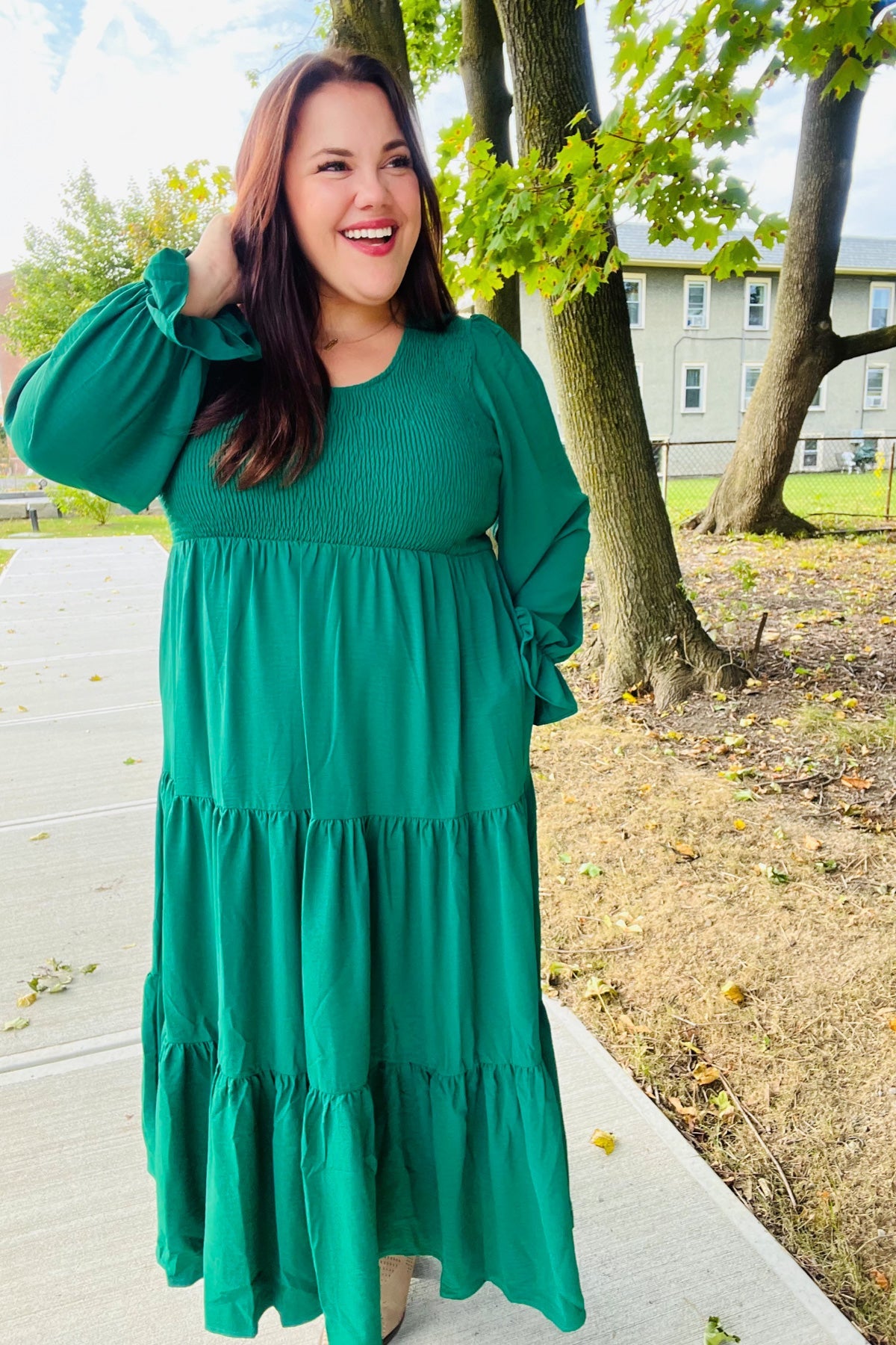 Beautiful You Green Smocked Ruffle Sleeve Maxi Dress