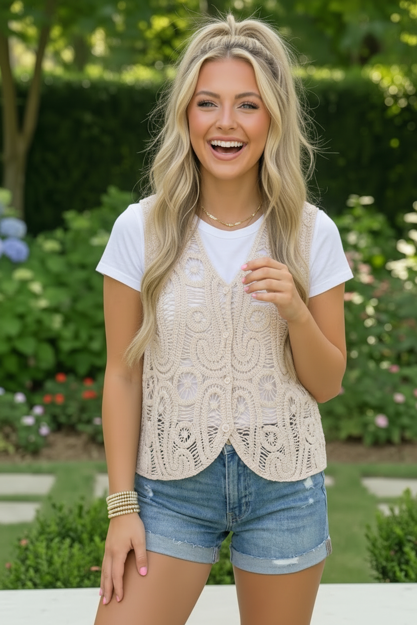 Boho Crochet Vest With Floral Scroll Detail