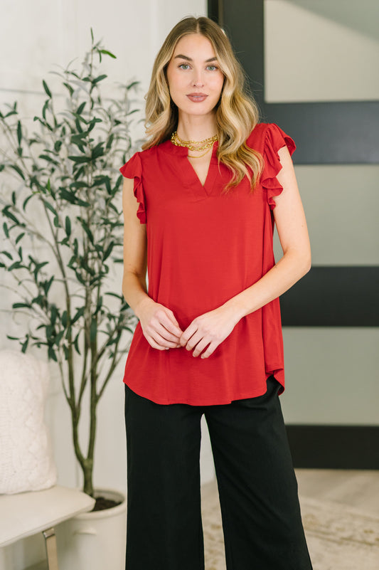 Lizzy Flutter Sleeve V-Neck Blouse in Red