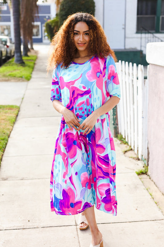 Chasing Dreams Blue & Fuchsia Floral Elastic Elbow Sleeve Midi Dress