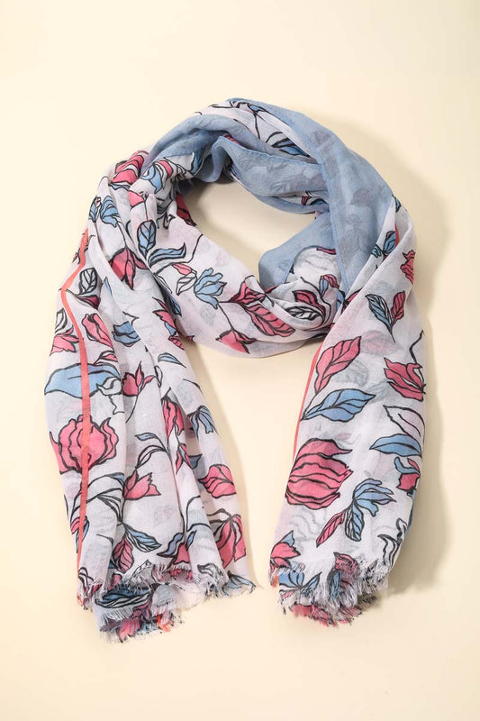 Sky Blue & Pink Floral Oblong Frayed Scarf