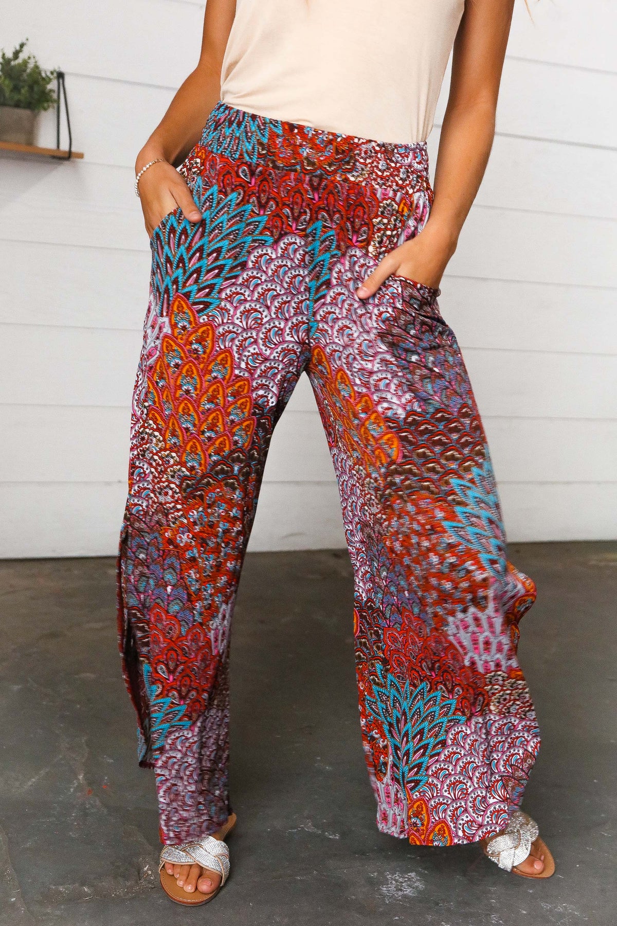 Burnt Orange Geo Print Smocked Waist Slit Palazzo Pants