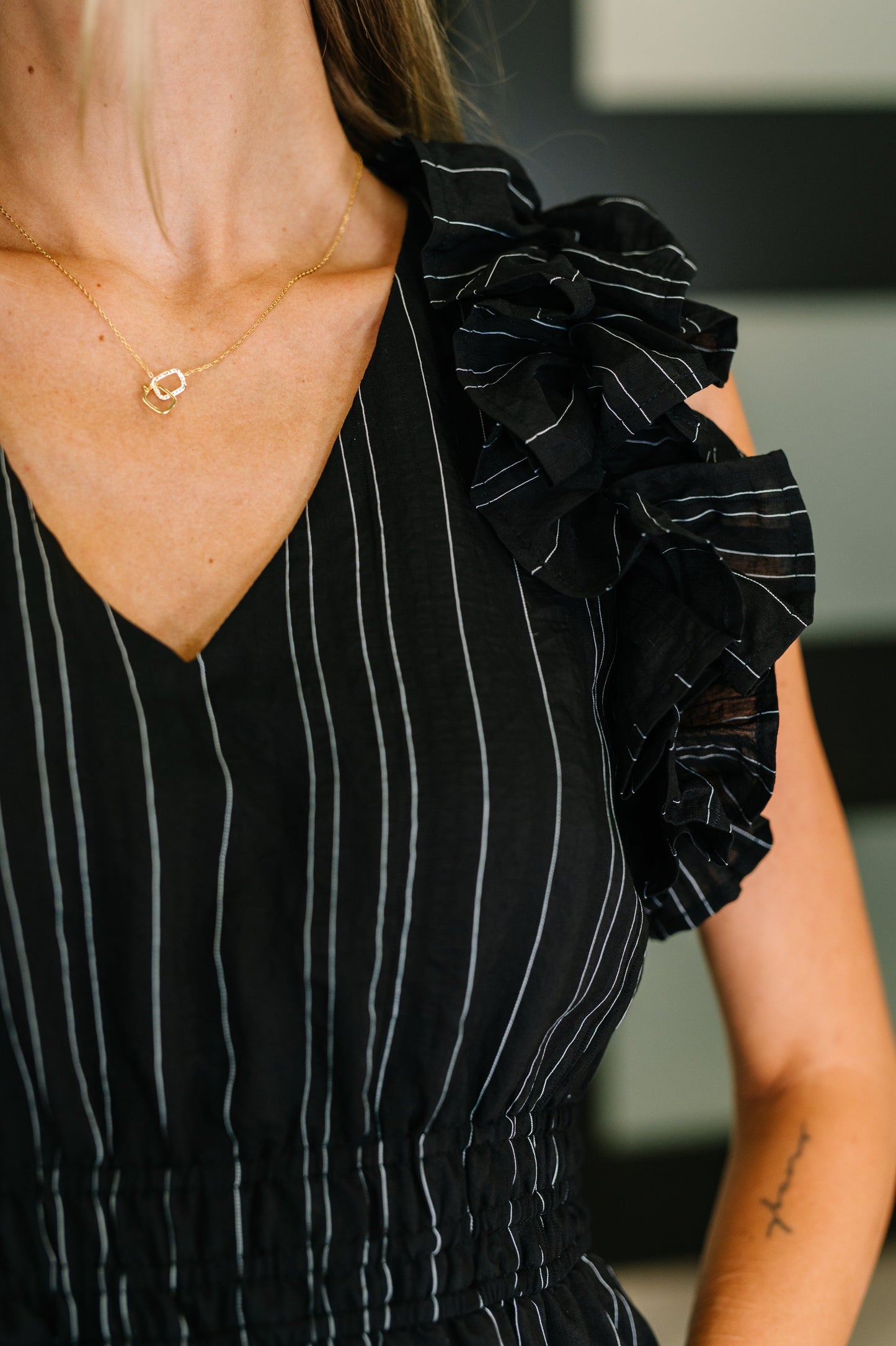 Pinstripe Romance V-Neck Ruffle Sleeve Dress in Black