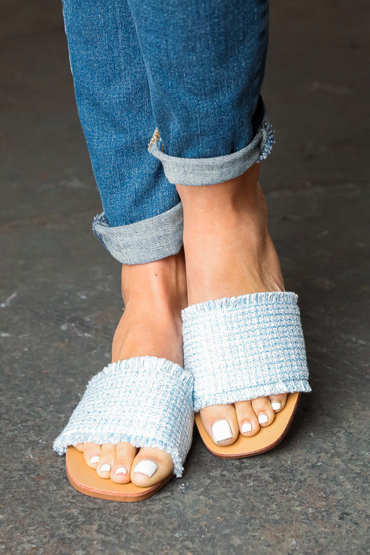 Blue Bellezza Linen Fray Wide Stap Slide Sandal