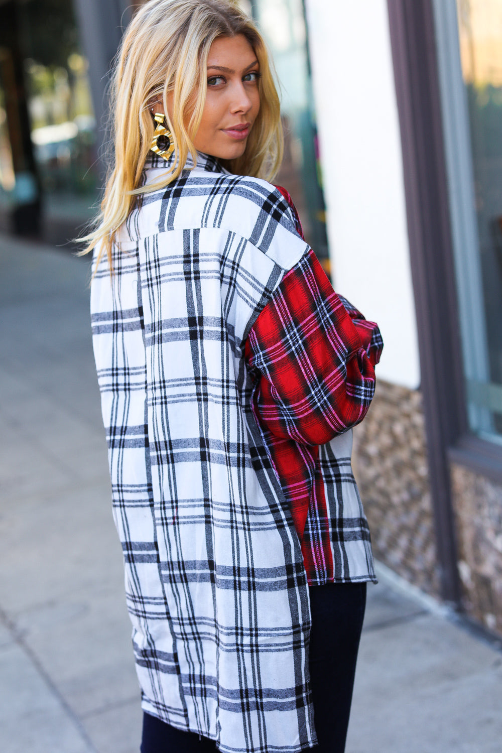 Holiday Red & White Plaid Color Block Hi Lo Shacket