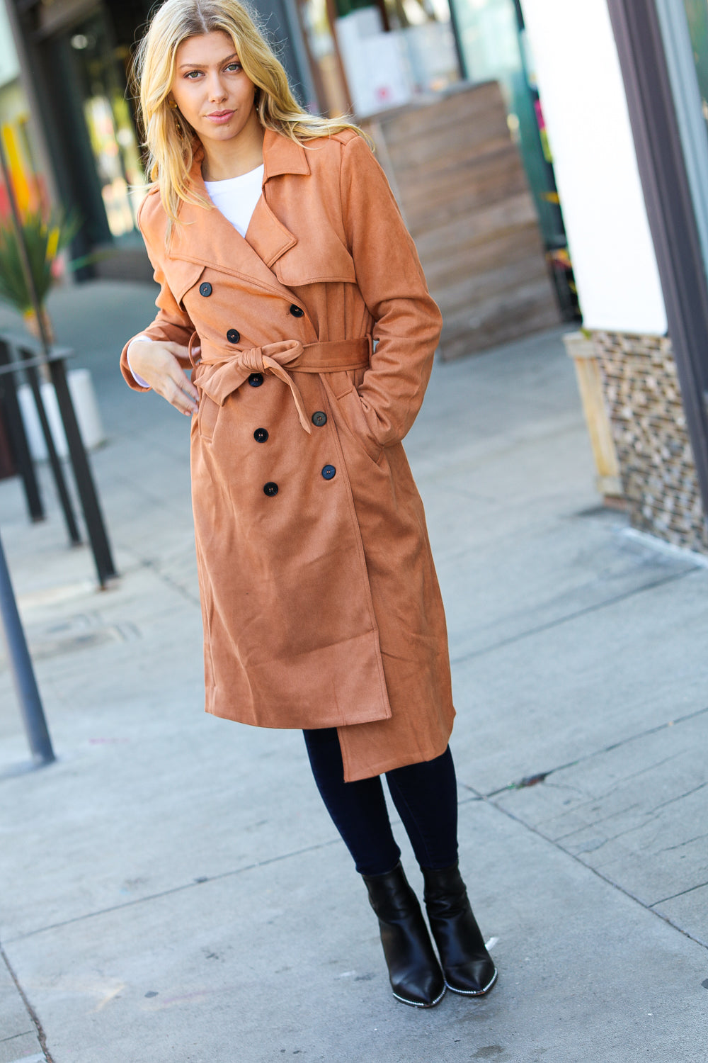 Rust Suede Double Breasted Belted Lined Trench Coat