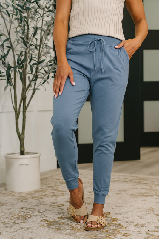 Sweat It High Waisted Joggers in Dusty Blue