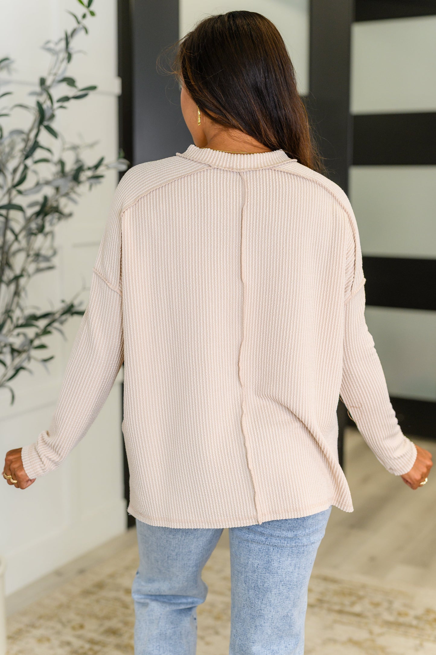 Wander & Rest Cable Ribbed Knit Drop Shoulder Top in Sand Beige