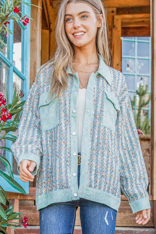Put Together Turquoise Twill Banded Snap Button Jacket