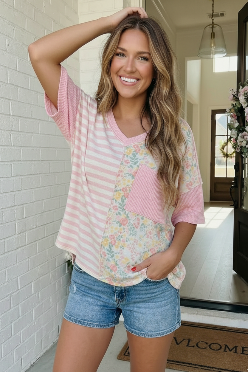 Pretty Darn Cute Mixed Print V-Neck Top