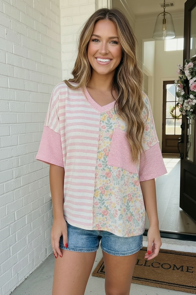 Pretty Darn Cute Mixed Print V-Neck Top
