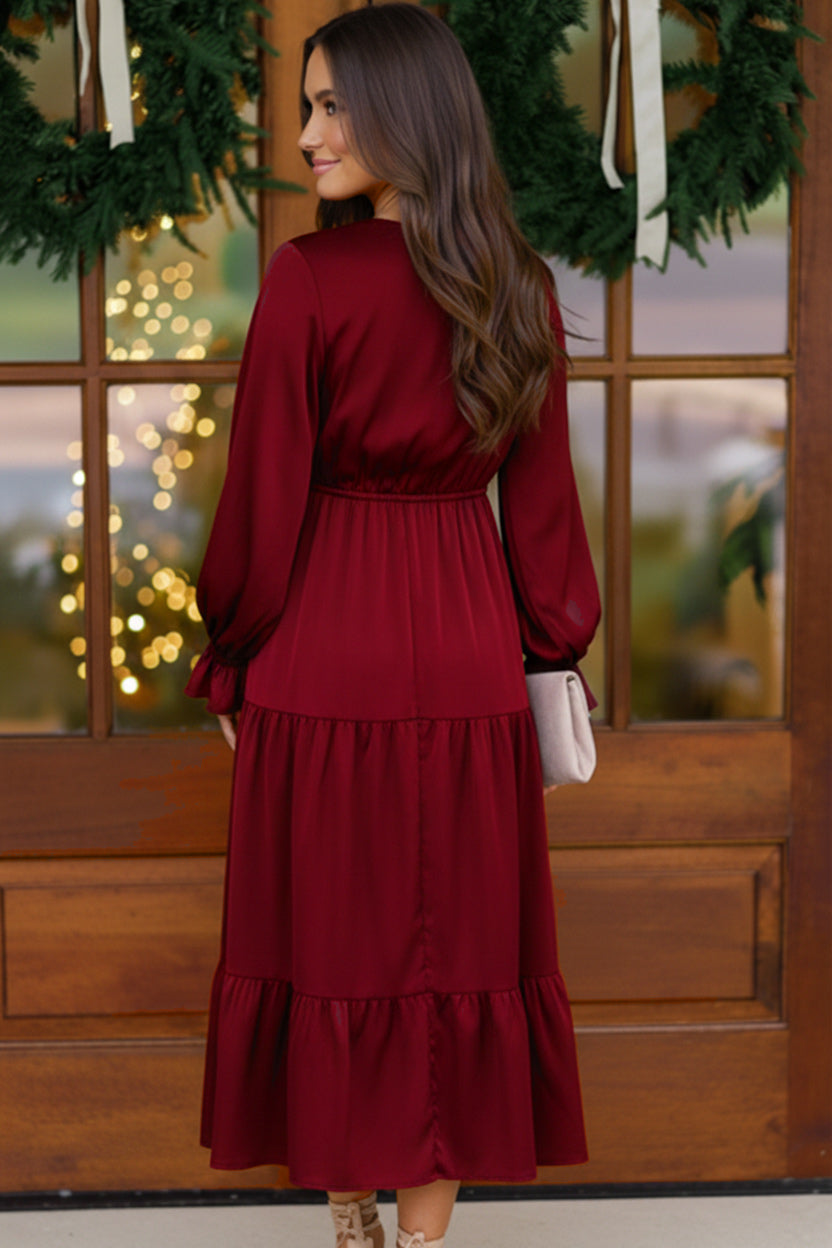 Goddess Grove Red Satin Maxi Dress